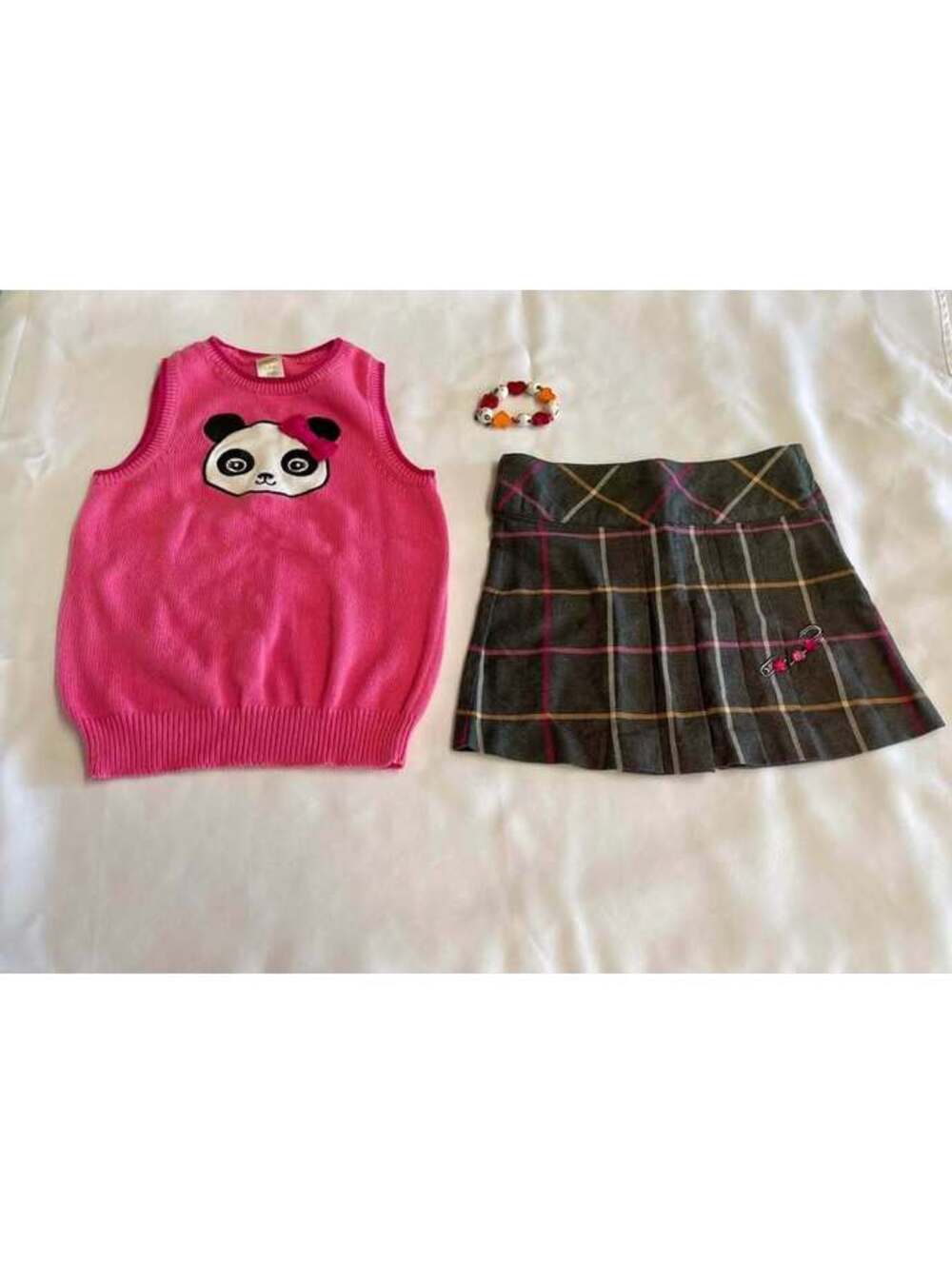 Gymboree Girls 3-Piece Outfit Panda Sweater Vest Plaid Skirt & Stretch Bracelet